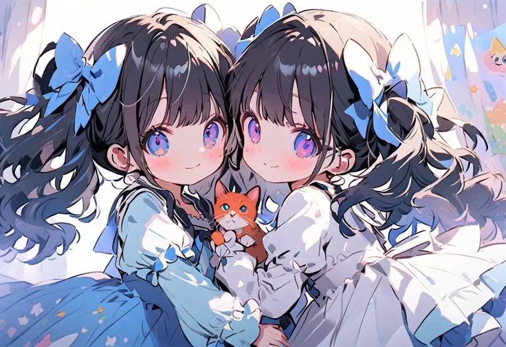 2Women(Small ,cute,cute,10 years old,2 Pigtails,Curly Hair,Hair Color Cosmic,Big eyes,Eye color is cosmic,cute dress,[Cat ear:1.8],smile,cute pose,Long Shot) AND 2Women(Cat,子Cat) break ,background(internal,Messy room,cute room,many 子Cat), break ,quality(8K...