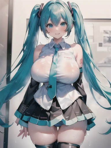 (((Highest quality, masterpiece, High resolution, Super detailed, 4K, 8K))), 1 Girl, ((Hatsune Friends)), (12 years old, pretty girl, pretty girl), break (Teal Twin Tall, Turquoise Hair), (White blouse with blue border, 白No sleeve, No sleeve, Black separat...