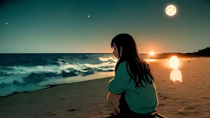 Lo-fi music anime illustration of a girl sitting on the beach at night watching a bonfire。The moon is reflected on the surface of the sea、It creates a calm and quiet atmosphere。The girl is relaxing in a camping chair、A gentle breeze makes me feel like time...