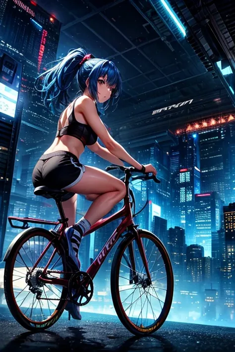 a girl rides a bicycle, dolphin shorts, blue hair, ponytail, A complex machinery structure in a futuristic city
