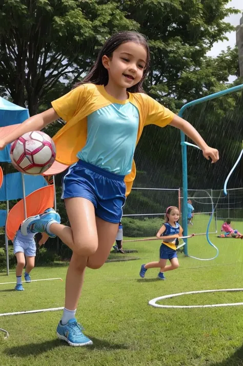 italy. a realistic image of a 13-year-old girl at a summer recreational center at a sports facility, surrounded by many children...