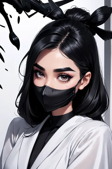 beautiful face, wearing a face mask, black in colour, eyes lined with kohl, beautiful black eyebrows, hair styled in a fashionab...