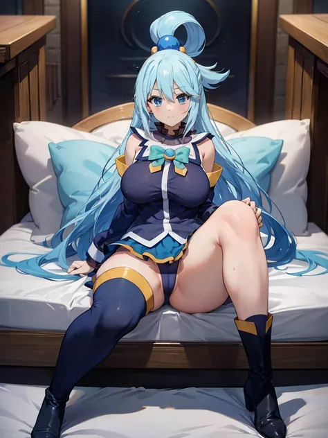 (Best quality)), ((masterpiece)), (Very detailed), A high resolution, perfect face, sexual, attractive, ((8 k)), big tits, middle thighs, Aqua Konosuba, T-boots