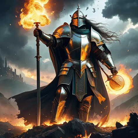 Visualize the God of Battle in a medieval fantasy realm, towering above a field strewn with fallen warriors and banners torn by fierce winds. Clad in gleaming armor adorned with symbols of war and conquest, the deitys presence commands awe and reverence. T...