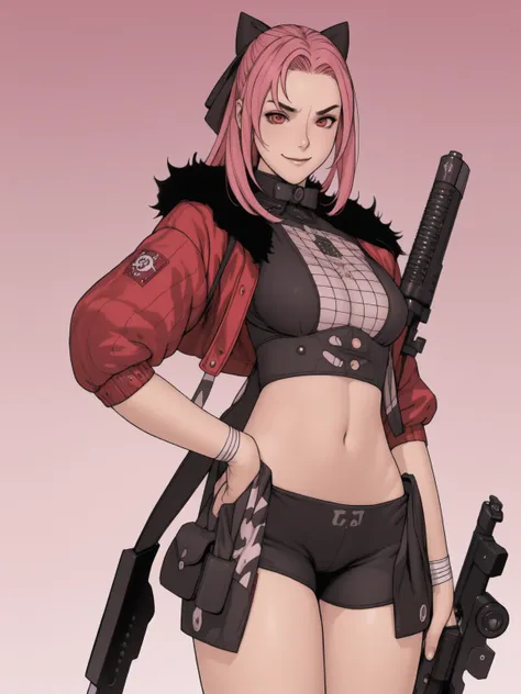 best qualityer, work of art, verapgr_pinks, shoulder armor, body branco, hair elastic, hair ribbon, evil smile, holding gun, cowboy shot, gradient background, pirralha violent, (((14歳))), sensuous, pose de atitude, work of art, post-apocalypse, (((manga st...