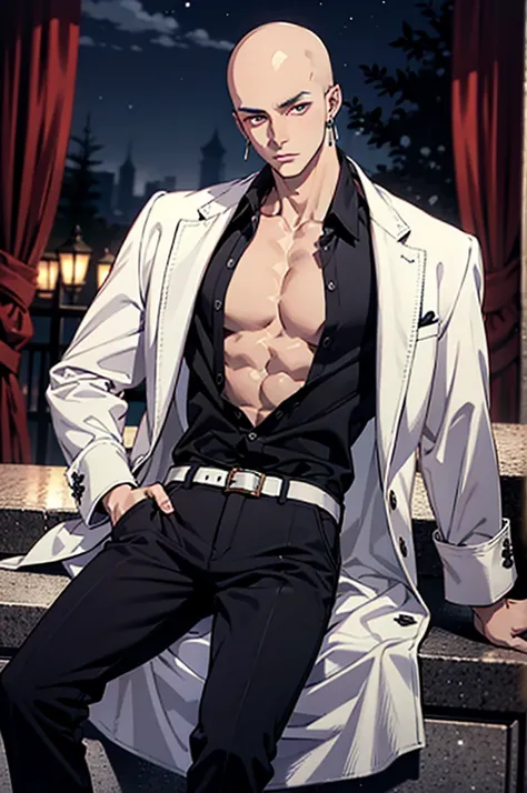 high resolution,baldhead,male,red pupil,earrings,showing chest muscles,white western-style jacket,black trousers,black boots,nig...