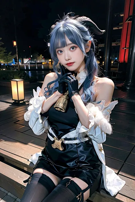 master piece, Best Quality, (ganyu) , (GenshinImpact), ((Light blue hair)) , 1girl in, Ahoge, architecture, Bare shoulders, bell, Black Gloves, Black pantyhose, blush, breasts, Chinese knot, Detached sleeves, East Asian Architecture, flower knots, gloves, ...