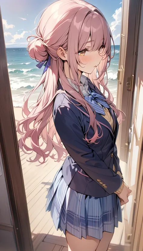 anime girl with pink hair and blue dress standing in front of a door