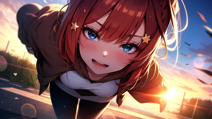 itsukinakano, Itsuki Nakano, bangs, Ahoge, Redhead, star (symbol), close your eyes,hair ornaments, star hair ornaments,happy smile, smile, Open your mouth,Short braided hair,red oversized hoodie,Shorts,White Pantyhose,High-top sneakers,(LOL:1.1), (Open you...