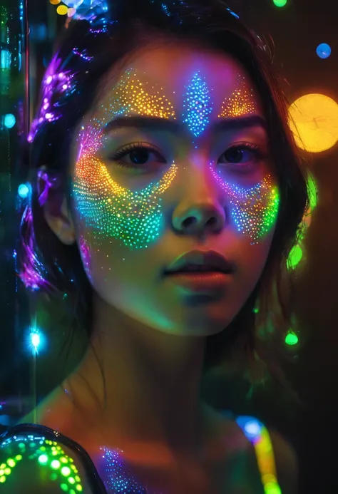 full portrait unique photography with light and painting. Using colorful Fluorescent materials to form pointillism that are implemented on the cute japanese women face with dynamic pose. Phosphorescent materials store light and release it slowly. The Face ...