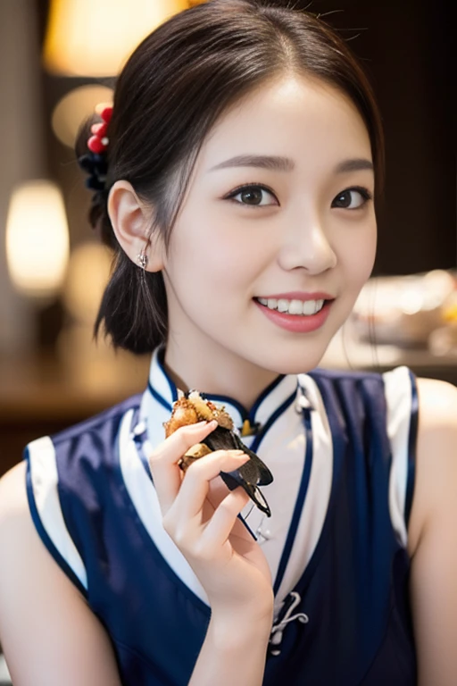 (a gorgeous lady and her twin sister, age 18, wearing traditional white Qipao, Black CheongSam, eating Chicken Rice, dimpled smile, short bob hair, ponytail, cute snaggleteeth, well-endowed round bosom, smooth porcelain skin, detailed face, beautiful detai...