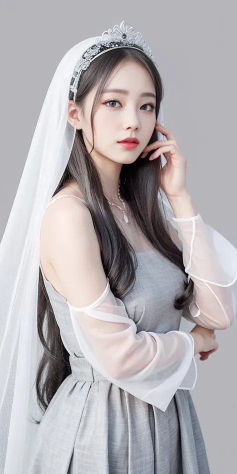 veil on head, gray veil, white hair, gray white, guvez art style, arrogant and indifferent girl, half-squinted, white eyeballs, ...