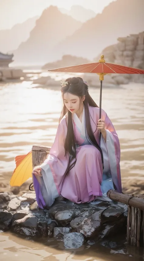 a woman wearing ancient chinese clothing sits on a rock，holding an umbrella, white hanfu, palace ， a girl in hanfu, hanfu, weari...