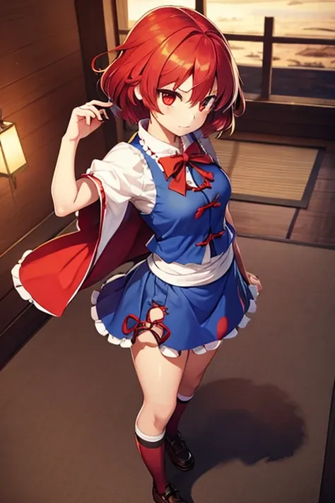 1girl, touhou, sekibanki, red hair, red eye color, full body, wide shot