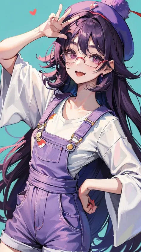 Dr. Slump Arale-chan、、Large thick black-rimmed glasses、Her hair is purple and semi-long、The red hat has small white feathers on either side.、Blue Overalls、Wearing a white shirt。She is greeting with a cheerful smile and her right hand raised.。In the backgro...