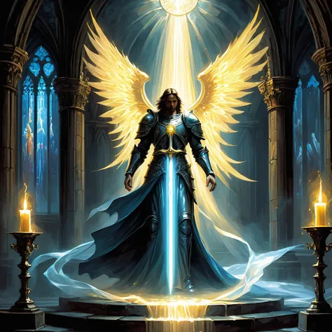 Imagine a male angel descending from the heavens into a medieval dark fantasy world, his presence heralded by a blinding flash of celestial light that cuts through the oppressive gloom. Clad in armor that gleams with divine radiance, adorned with ethereal ...