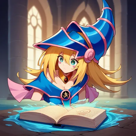 dark magician girl, masterpiece, best quality, (1girl), solo, (water), long hair, blonde hair, blue headwear, wizard hat, spell casting, castle, castle:2, motion blur, book, magic, (moonlight:1.2), chromatic aberration, depth of field, soft lighting, highl...