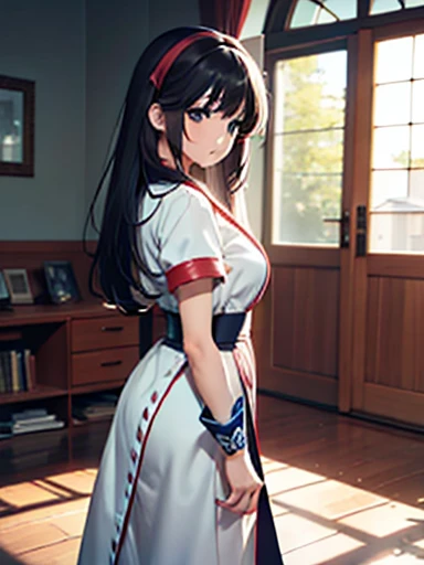 (​masterpiece、top-quality、hight resolution、Unity 8k Wallpaper、extremely details CG:1), Create an image featuring a gentle and calm housewife wearing a cosplay costume from the work 【LoRa】. The scene should be shown from the perspective of the person she is...