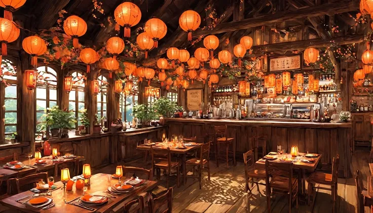 Inside the restaurant clouded with heat、Classic Lantern, Lots of red and orange, Intricate details,　night、Detailed Characters, Ghibli-like animation, アニメ , Scenes of dwarves, adventurers and elves chatting together in a lively bar (アニメ style), images of a ...