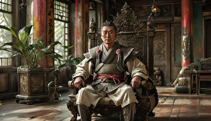 Rich middle-aged Japanese man sitting on a throne, Wide angle, 4K (man) High resolution, Sharp focus, (Super detailed, Highly detailed), (Photorealistic artwork: 1.37), (Highly detailed CG Unity 8k wallpaper), ((Vibrant colors, vibrant theme))), (Intricate...