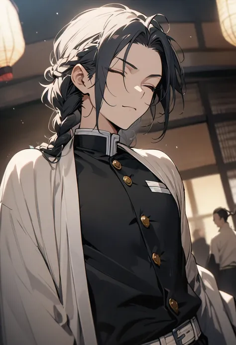 One man, human, fair skin, eyes closed, braids tied in a single strand at the back, shirt, Demon Slayer uniform, masterpiece, top quality