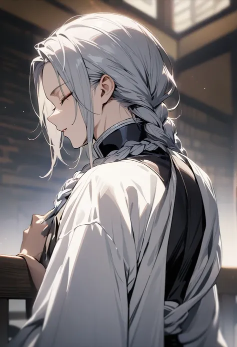 One man, human, fair skin, eyes closed, braids tied in a single strand at the back, shirt, Demon Slayer uniform, masterpiece, top quality