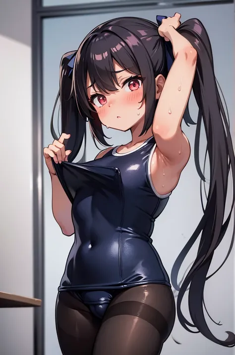 masterpiece, best quality, ultra detailed,,1girl, blush, sweat,  hair ribbon, twin tails, ((school swimsuit)), pantyhose, dark skin, slender, dynamic pose,