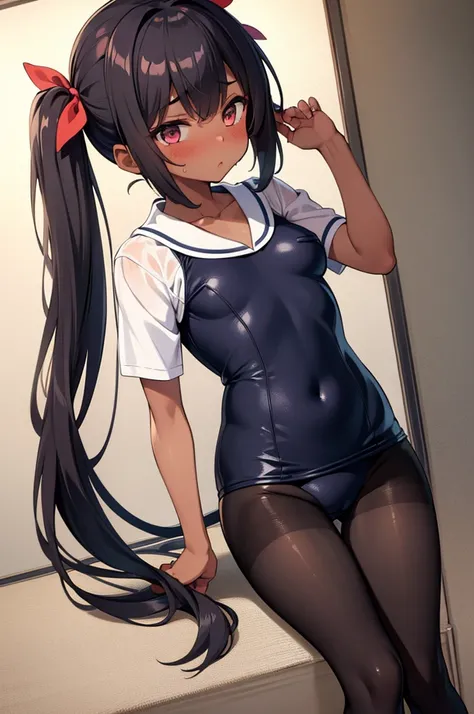 masterpiece, best quality, ultra detailed,,1girl, blush, sweat,  hair ribbon, twin tails, ((school swimsuit)), pantyhose, dark skin, slender, dynamic pose,