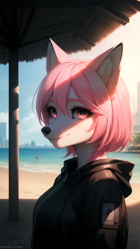 Cyberpunk fox, Beautiful light and shadow on the beautiful face with light pink hair、Ambient lighting on the beach、Ultrafine fur、Volumetric lighting is very detailed，Highest quality furry art