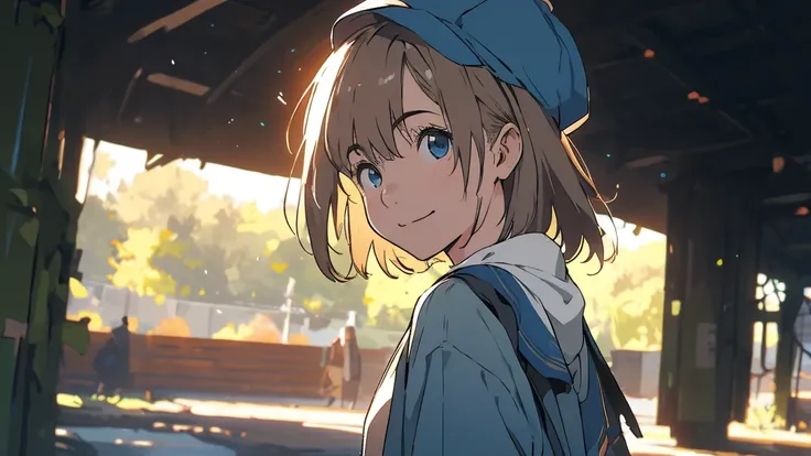 (((One Girl))), Blonde, Bobcut, (Upper Body), (Wearing a hat), chest, teenager, Tilt your head:1.3, (((blue eyes))), (From the side), Put your hands in your pockets, ((Smile)), Black hoodie, Black shorts, Anime Style, (Highest quality, 4K, 8K, High resolut...