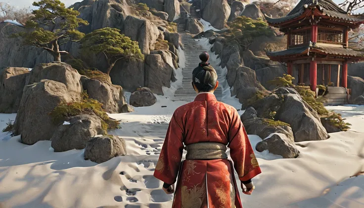 Rich middle-aged Japanese man walking to an empty throne, back view, rear view, wide angle, 4K (man) high resolution, sharp focus, (ultra detailed, highly detailed), (photorealistic artwork: 1.37), (highly detailed CG Unity 8k wallpaper), ((vibrant colors,...