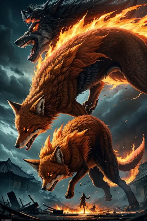 Create a highly detailed digital painting of an epic battle scene featuring a colossal, menacing nine-tailed fox (inspired by Kurama from Naruto) attacking a traditional Japanese village. The nine-tailed fox should be depicted with fiery red-orange fur, gl...