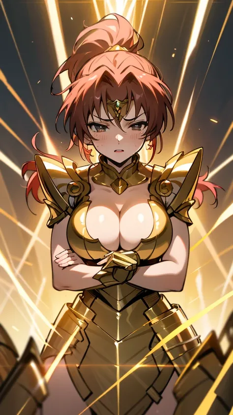 Gold Armor, 4K image, rallies, best quality, masterpiece, movie lighting ，Sexy，Large Breasts，Cleavage，action，In battle，cleavage，anger，noble，Light beams from hands，Golden lightning all around，red hair，ponytail hairstyle，Saint Seiya Leo Aiolia，Wink，lipstick