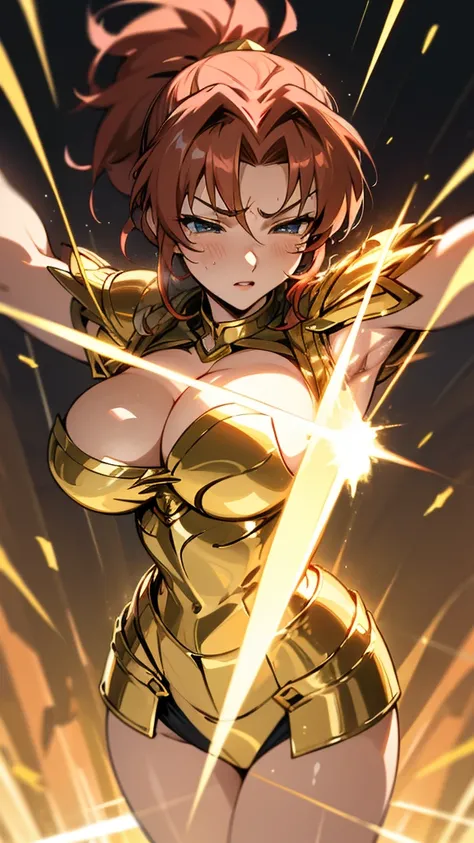 Gold Armor, 4K image, rallies, best quality, masterpiece, movie lighting ，Sexy，Large Breasts，Cleavage，action，In battle，cleavage，anger，noble，Light beams from hands，Golden lightning all around，red hair，ponytail hairstyle，Saint Seiya Leo Aiolia，Wink，lipstick