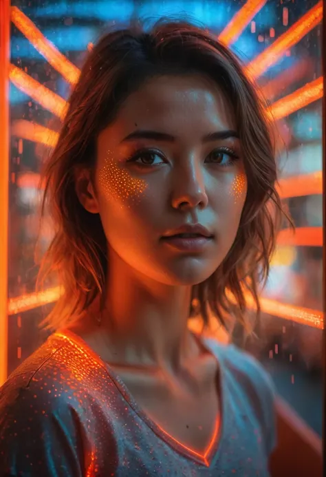 full portrait unique photography with light and painting. using red and orange fluorescent materials to form pointillism that ar...