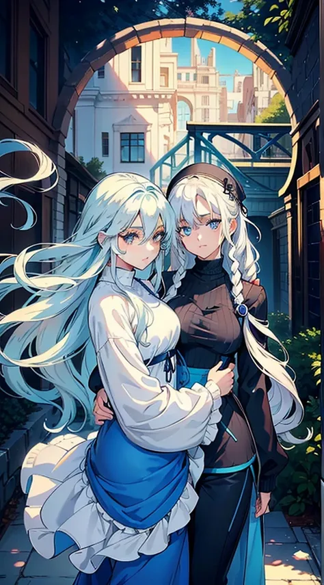 woman with long wavy white hair bright blue eyes wearing a sexy blue dress hugging a teenage girl with short wavy white hair bright blue eyes wearing a black sweater and white pants they are in a park