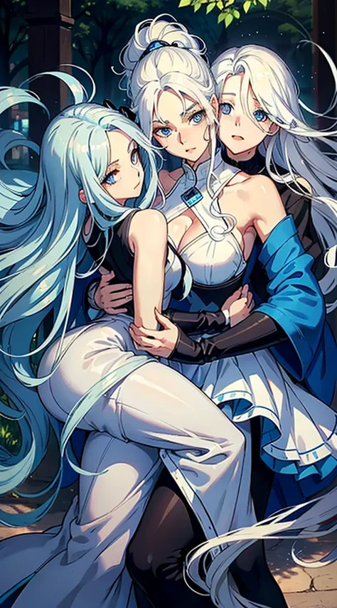 woman with long wavy white hair bright blue eyes wearing a sexy blue dress hugging a teenage girl with short wavy white hair bright blue eyes wearing a black sweater and white pants they are in a park