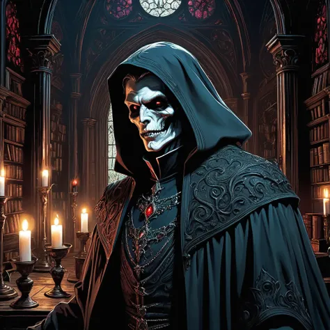 picture a medieval dark fantasy vampire prowling through a grand, decaying mansion cloaked in shadows and secrets. his presence ...