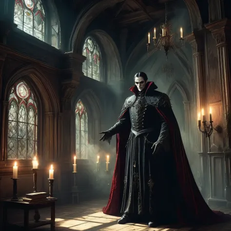 Picture a medieval dark fantasy vampire prowling through a grand, decaying mansion cloaked in shadows and secrets. His presence is both regal and predatory, dressed in aristocratic attire of rich velvet and lace that contrasts sharply with the crumbling de...