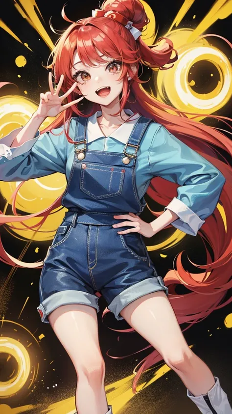 Araleちゃんは特徴的な大きな丸眼鏡をかけており、In the red hat「Arale」it is written like this。Her outfit is blue overalls and a white shirt、Wearing yellow boots。With a cheerful smile and raising her right hand high in greeting,、The left hand is on the hip。In the background you c...