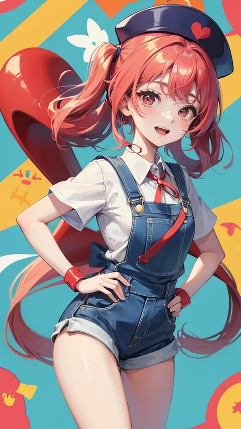 Araleちゃんは特徴的な大きな丸眼鏡をかけており、In the red hat「Arale」it is written like this。Her outfit is blue overalls and a white shirt、Wearing yellow boots。With a cheerful smile and raising her right hand high in greeting,、The left hand is on the hip。In the background you c...