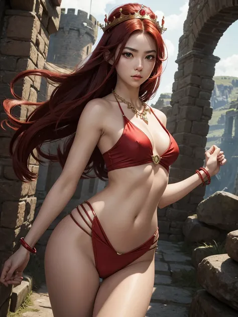 8K. A red princess in a fantasy setting with a brown floating hair. Wearing a sexy red silky princess suit no pants. cleavage. Red Ruby stone necklace. Red Crown on the head. Bracelets. She is rather slim. Very small breasts. Small hips and long thin legs....