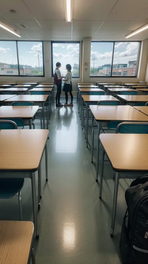 Classroom with two students suitcases in the background