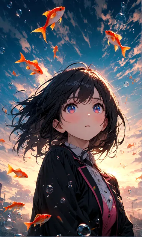 (female(student, age of 15, JK, short silver floating hair, cosmic colored eyes, black color uniform of school, pale skin, tired face with no shine in the eyes) is looking up at the sky), (so many goldfish are swimming in the air), beautiful sky, beautiful...