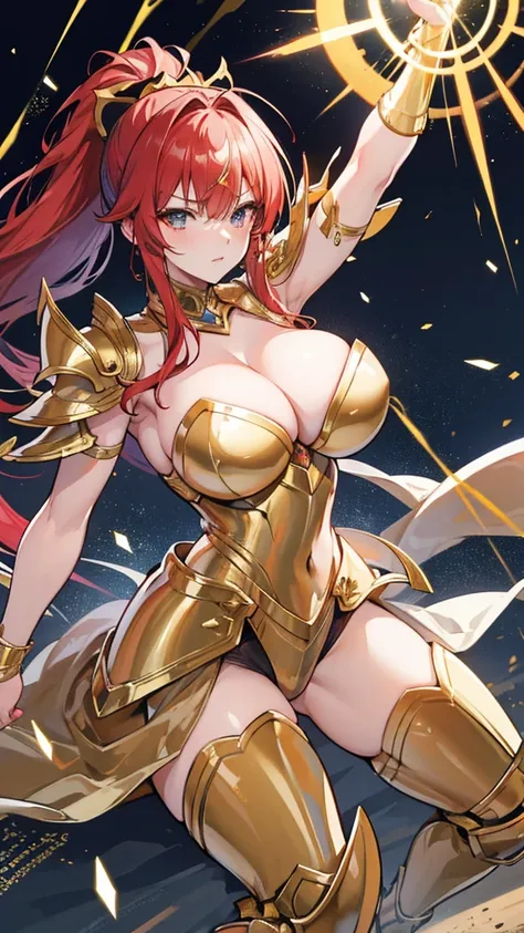 Gold Armor, 4K image, rallies, best quality, masterpiece, movie lighting ，Sexy，Large Breasts，Cleavage，action，In battle，cleavage，anger，noble，Light beams from hands，Golden lightning all around，red hair，ponytail hairstyle，Saint Seiya Leo Aiolia，Wink，lipstick