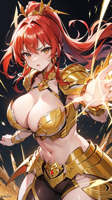 Gold Armor, 4K image, rallies, best quality, masterpiece, movie lighting ，Sexy，Large Breasts，Cleavage，action，In battle，cleavage，anger，noble，Light beams from hands，Golden lightning all around，red hair，ponytail hairstyle，Saint Seiya Leo Aiolia，Wink，lipstick