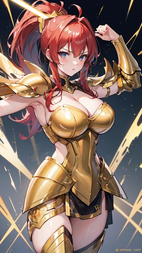 Gold Armor, 4K image, rallies, best quality, masterpiece, movie lighting ，Sexy，Large Breasts，Cleavage，action，In battle，cleavage，anger，noble，Light beams from hands，Golden lightning all around，red hair，ponytail hairstyle，Saint Seiya Leo Aiolia，Wink，lipstick