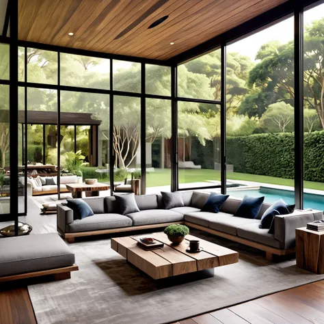 Create a sophisticated and stylish living space that seamlessly integrates indoor and outdoor elements. The living room should include expansive floor-to-ceiling windows providing a breathtaking view of the pool and garden outside. Furnish the room with a ...