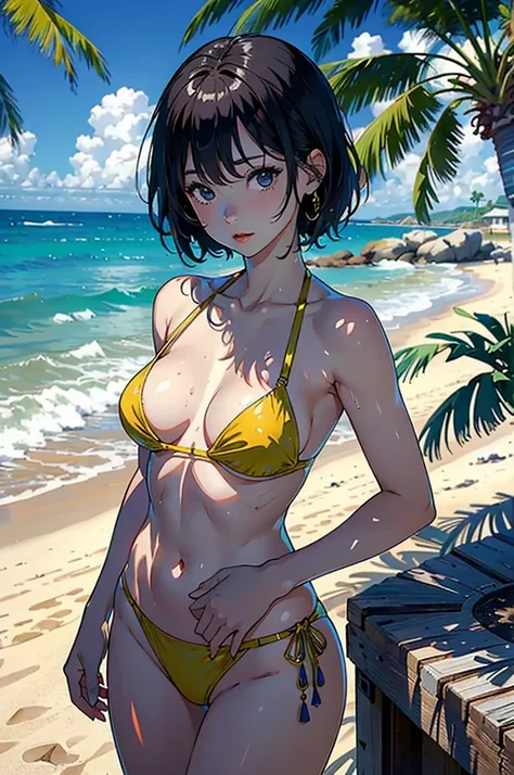 ((highest quality, masterpiece, High resolution))、beautiful japanese woman、((anime art))、 ((1 female))、22 years old、realistic face、 smaller breasts、slim body shape、medium short hair、double eyelid、Wet see-through bikini、Wrap your waist in cloth with bold et...