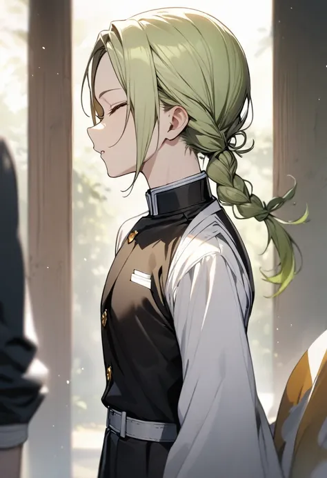 One boy, human, fair skin, eyes closed, light yellow-green hair, braids tied in a single ponytail at the back, shirt, Demon Slayer uniform, masterpiece, top quality